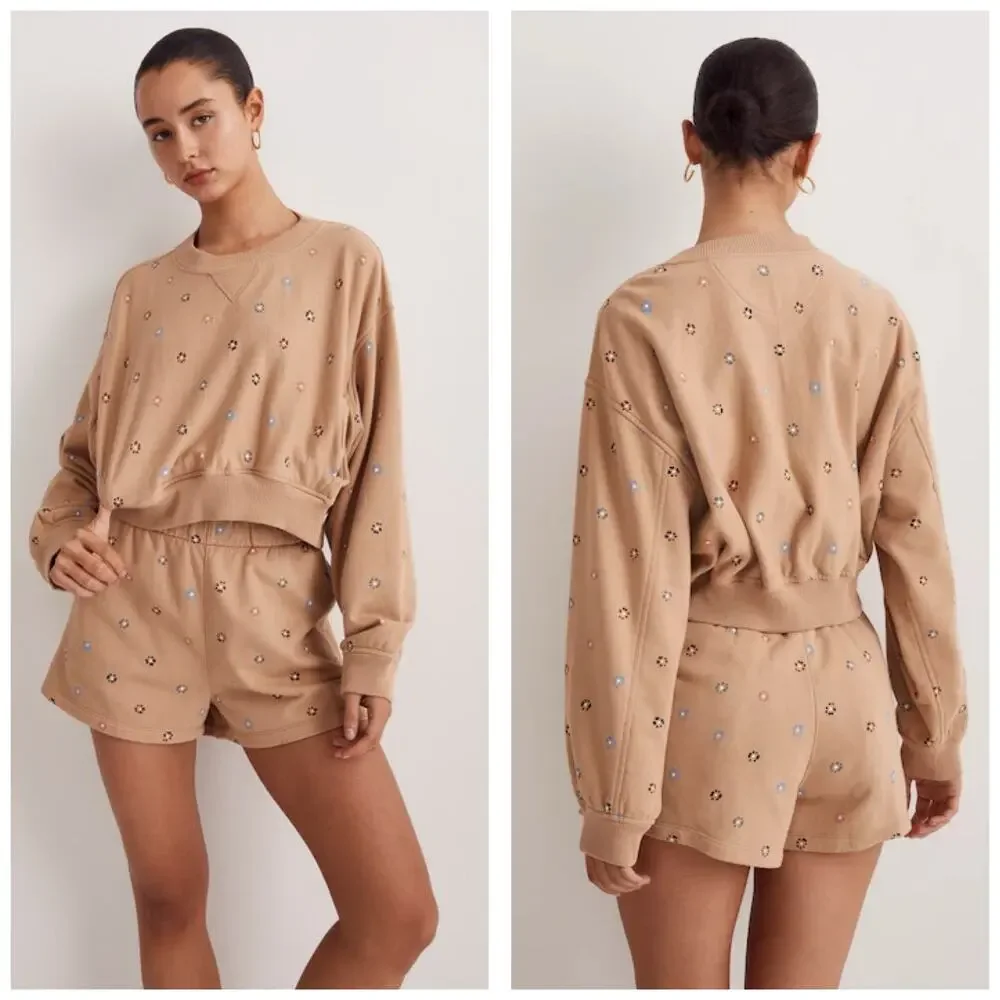Madewell Terry Sweatshirt in Dot Daisy Size 2X Tan Sloucy Oversized Boho Lounge